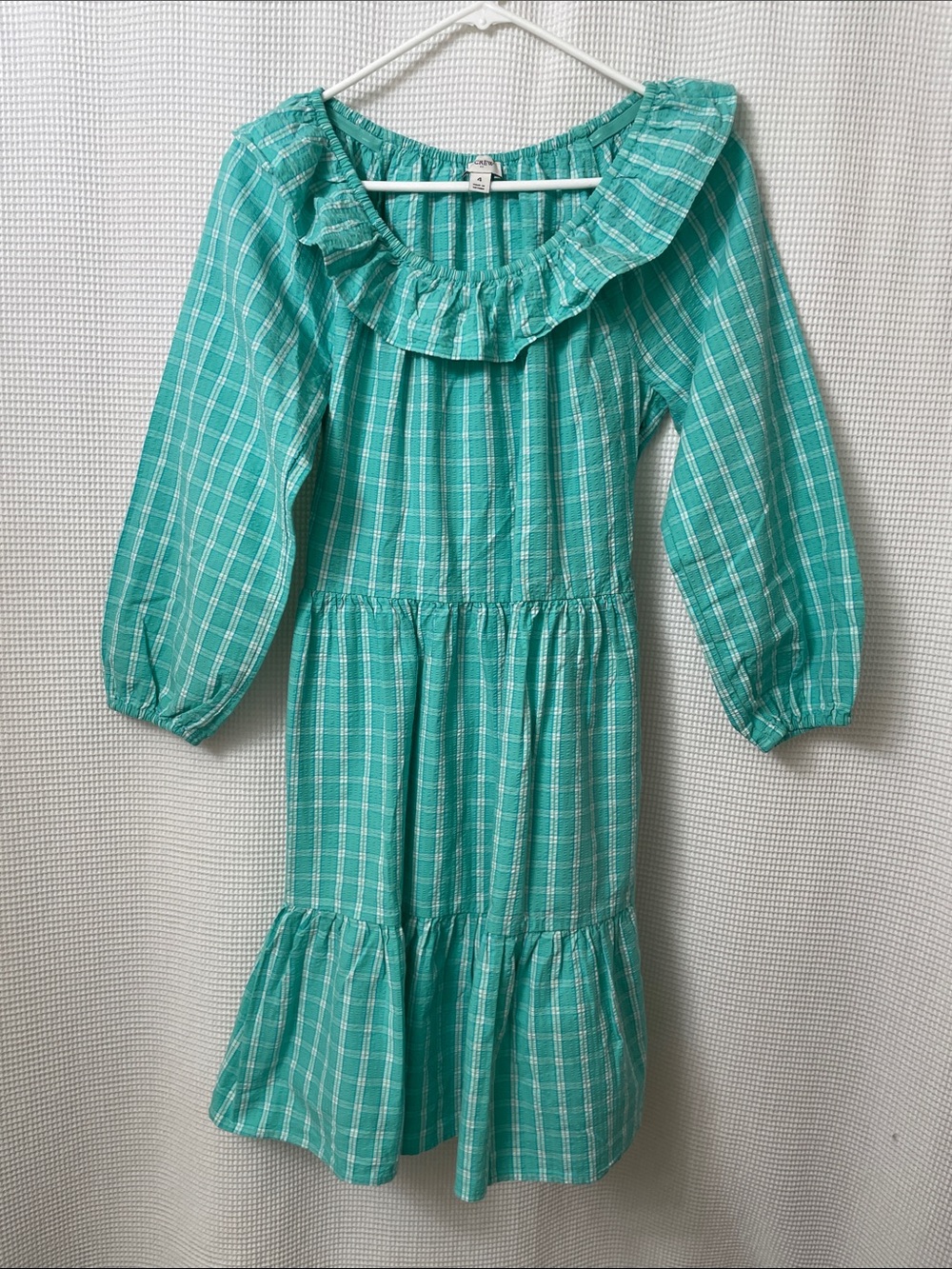 J. Crew Teal Plaid Ruffle-Neck Midi Dress
